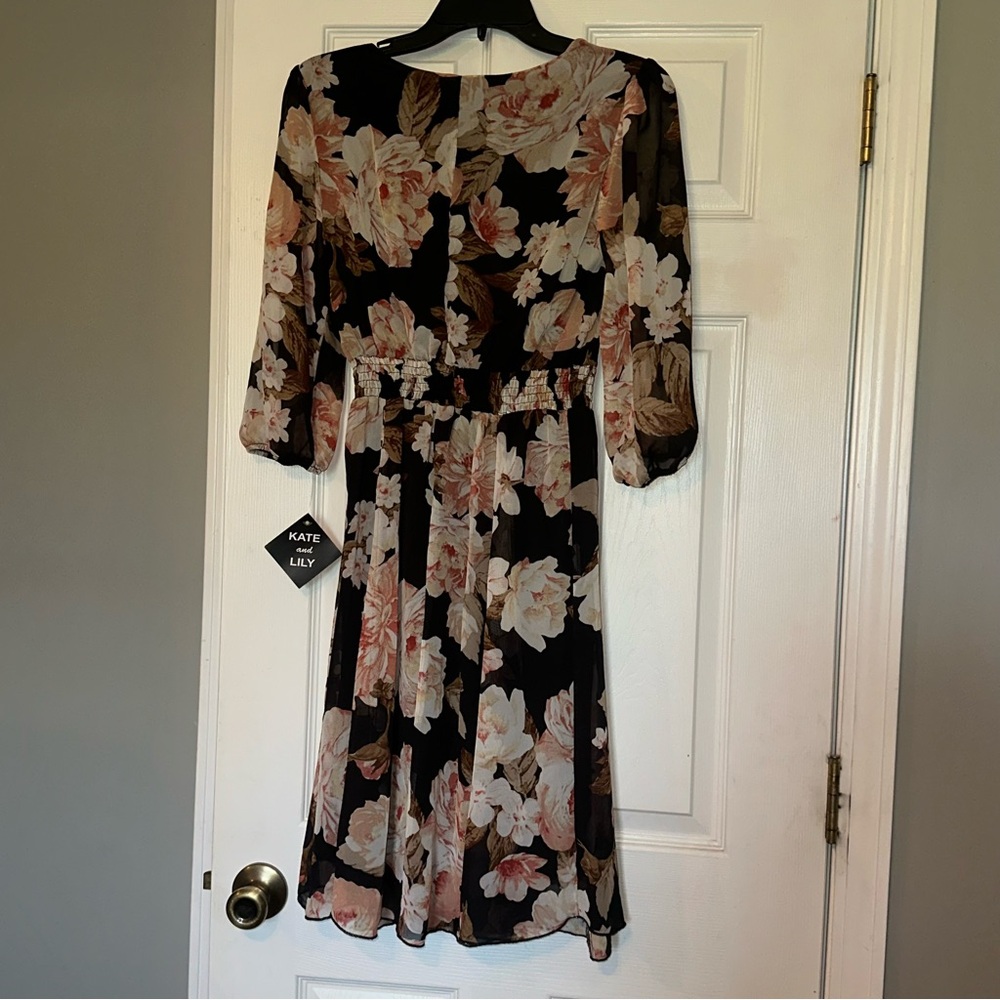 Black Floral Midi Dress with Pink Blooms - Picture 5 of 9